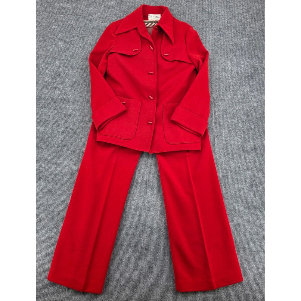 Vintage Butte Knit Red 3 Piece Suit Set Blazer Pants Striped Top Wool Blend 70s